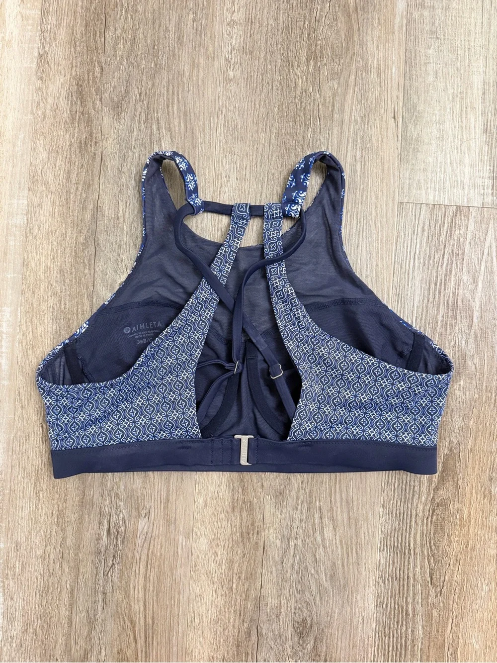 Athleta Navy & White High-Neck Patterned Swimsuit Top, size 36B/C